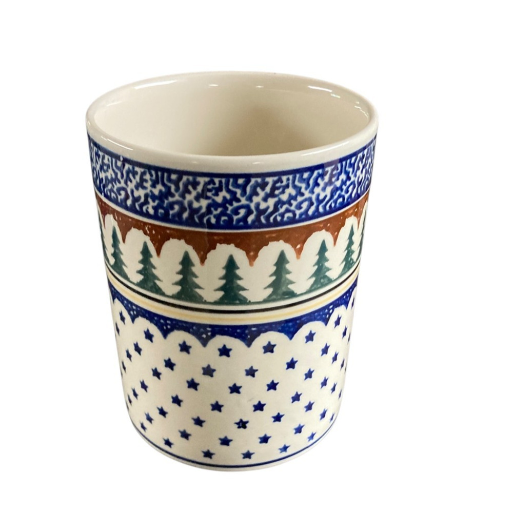 Boleslawiec Polish Pottery Utensil Holder Crock Green Christmas Trees Blue Stars